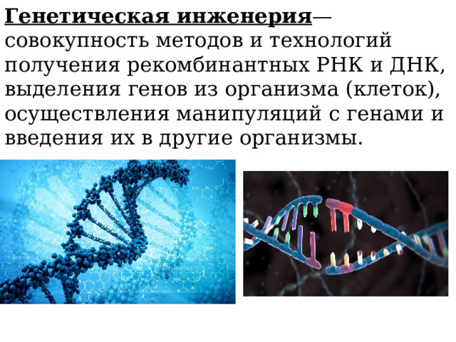 Генетическая инженерия — совокупность методов и технологий получения рекомбинантных РНК и ДНК, выделения генов из организма (клеток), осуществления манипуляций с генами и введения их в другие организмы. 