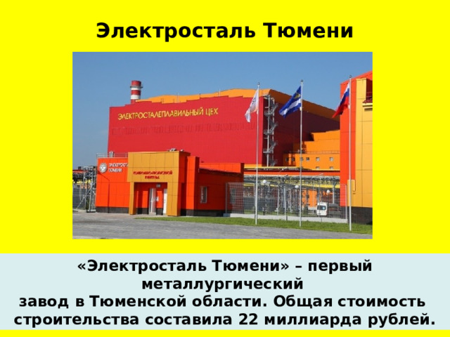  Электросталь Тюмени   «Электросталь Тюмени» – первый металлургический завод в Тюменской области. Общая стоимость строительства составила 22 миллиарда рублей.  