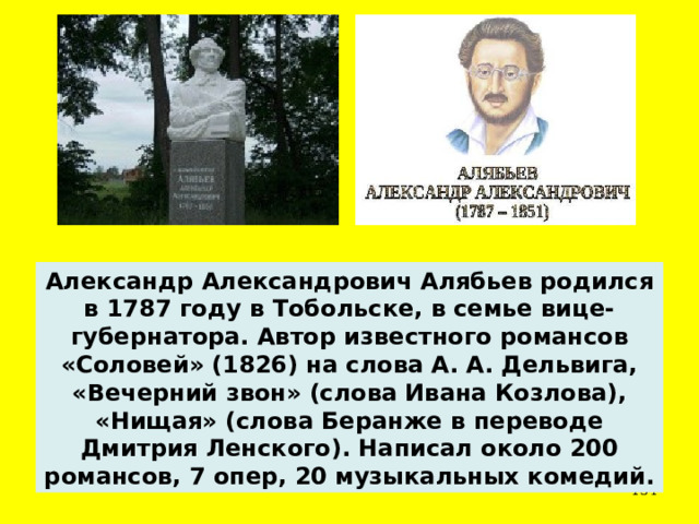 Александр Александрович Алябьев  родился в 1787 году в Тобольске, в семье вице-губернатора. Автор известного романсов «Соловей» (1826) на слова А. А. Дельвига, «Вечерний звон» (слова Ивана Козлова), «Нищая» (слова Беранже в переводе Дмитрия Ленского). Написал около 200 романсов, 7 опер, 20 музыкальных комедий.  