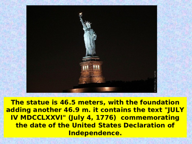 The statue is 46.5 meters, with the foundation adding another 46.9 m. it contains the text 