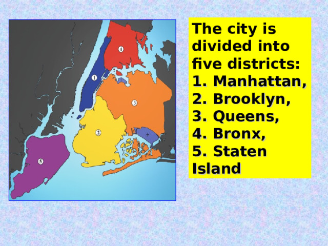 The city is divided into five district s : 1. Manhattan, 2. Brooklyn, 3. Queens, 4. Bronx, 5. Staten Island 