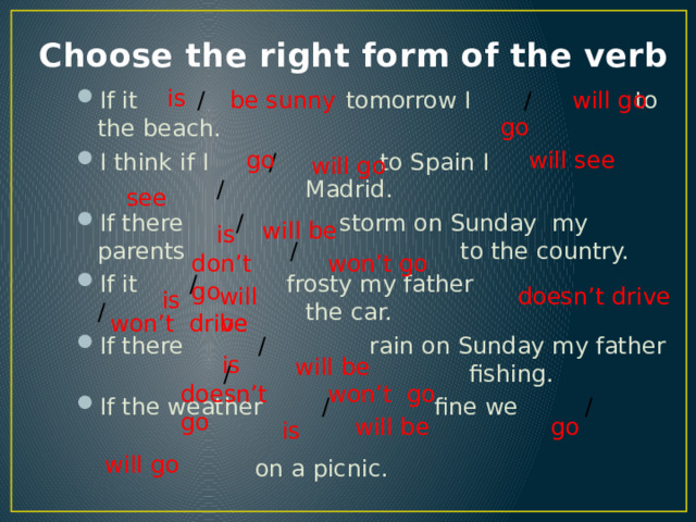  is  is Choose the right form of the verb  is  go be sunny will go If it / tomorrow I / to the beach. I think if I / to Spain I / Madrid. If there / storm on Sunday my parents / to the country. If it / frosty my father / the car. If there / rain on Sunday my father / fishing. If the weather / fine we /   on a picnic. go will see will go see  is will be don’t go won’t go  is will be doesn’t drive won’t drive will be doesn’t go won’t go will be go will go 