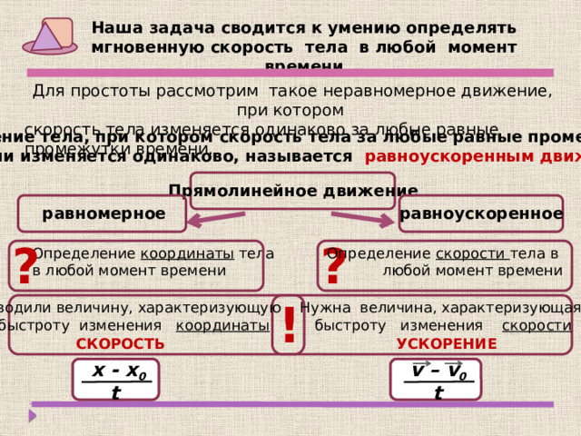 Наша задача сводится к умению определять мгновенную скорость тела в любой момент времени Для простоты рассмотрим такое неравномерное движение, при котором скорость тела изменяется одинаково за любые равные промежутки времени. Движение тела, при котором скорость тела за любые равные промежутки времени изменяется одинаково, называется равноускоренным движением Прямолинейное движение равномерное равноускоренное ? ? Определение скорости тела в Определение координаты тела любой момент времени в любой момент времени ! Нужна величина, характеризующая Вводили величину, характеризующую  быстроту изменения скорости быстроту изменения координаты  СКОРОСТЬ  УСКОРЕНИЕ х - х 0 v – v 0 t t 