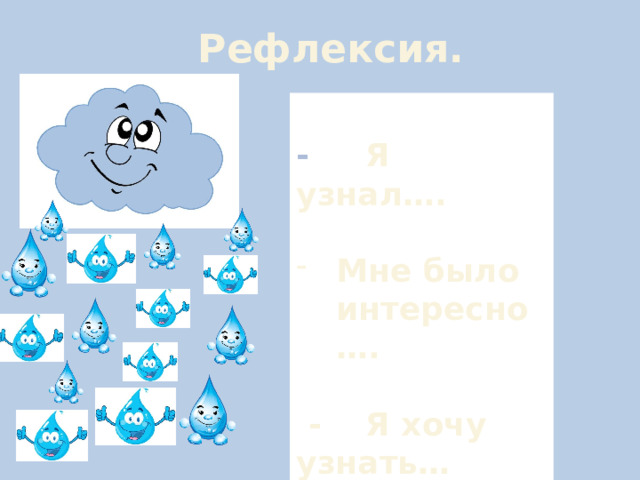 Рефлексия. - Я узнал….   Мне было интересно….   - Я хочу узнать…   