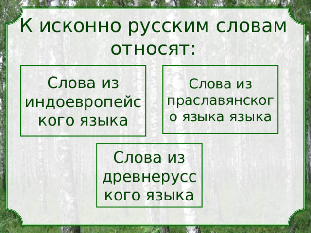 К исконно русским словам относят: Слова из индоевропейского языка Слова из праславянского языка языка Слова из древнерусского языка 