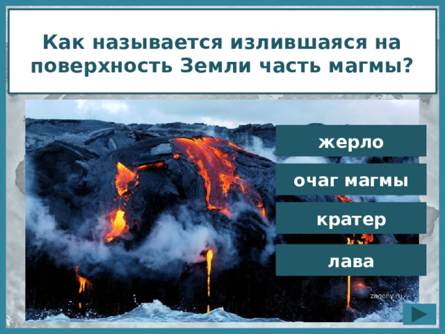 Как называется излившаяся на поверхность Земли часть магмы? жерло очаг магмы кратер лава 