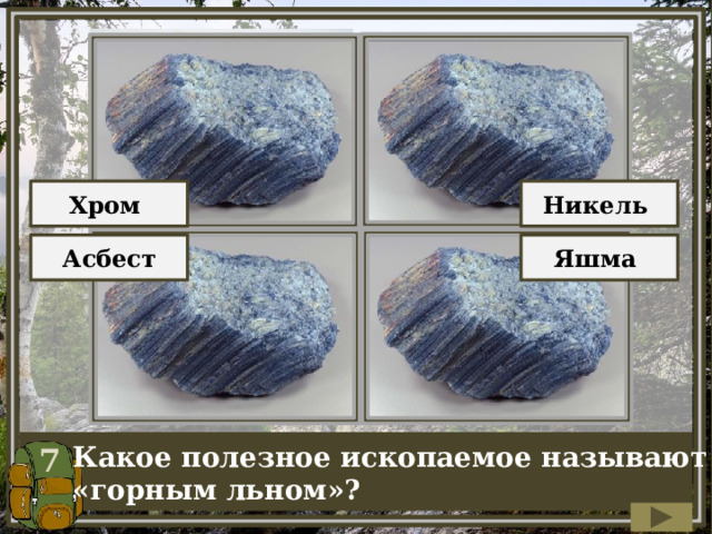 Хром Никель Асбест Яшма 7 Какое полезное ископаемое называют «горным льном»? 