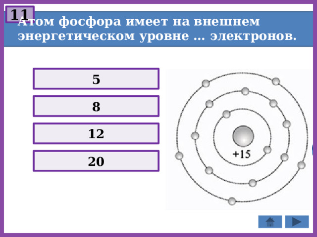 11 Атом фосфора имеет на внешнем энергетическом уровне … электронов. 5 8 12 20 