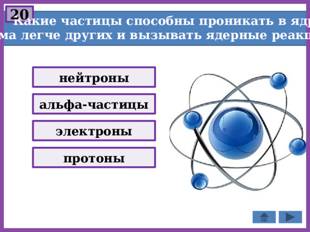 20  Какие частицы способны проникать в ядро  атома легче других и вызывать ядерные реакции? нейтроны альфа-частицы электроны протоны 