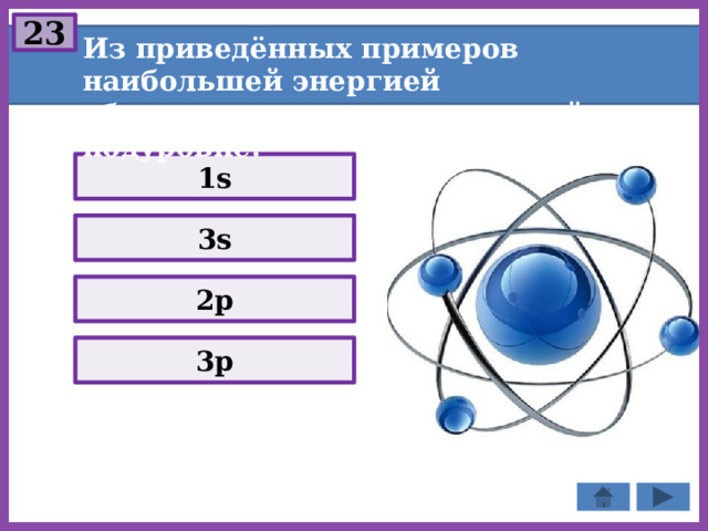 23 Из приведённых примеров наибольшей энергией обладает электрон, находящийся на подуровне: 1s 3s 2p 3p 