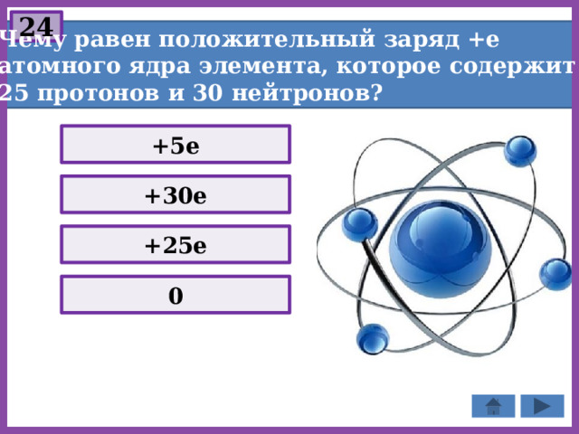 24 Чему равен положительный заряд +е атомного ядра элемента, которое содержит 25 протонов и 30 нейтронов? +5е +30е +25е 0 