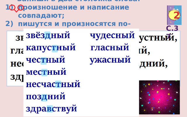 Запиши в два столбика слова: произношение и написание совпадают; пишутся и произносятся по-разному. 2 С.37 