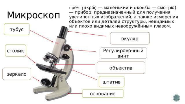 Микроскоп греч. μικρός — маленький и σκοπέω — смотрю) — прибор, предназначенный для получения увеличенных изображений, а также измерения объектов или деталей структуры, невидимых или плохо видимых невооружённым глазом. тубус окуляр столик Регулировочный винт объектив зеркало штатив основание 