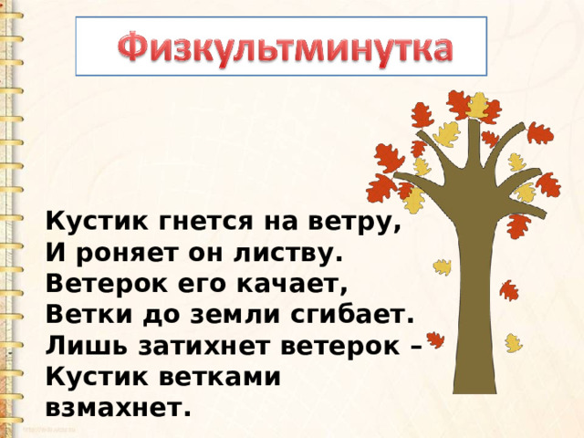 Кустик гнется на ветру,  И роняет он листву.  Ветерок его качает,  Ветки до земли сгибает.  Лишь затихнет ветерок –  Кустик ветками взмахнет. 
