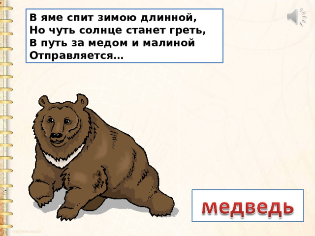 В яме спит зимою длинной,  Но чуть солнце станет греть,  В путь за медом и малиной  Отправляется… 