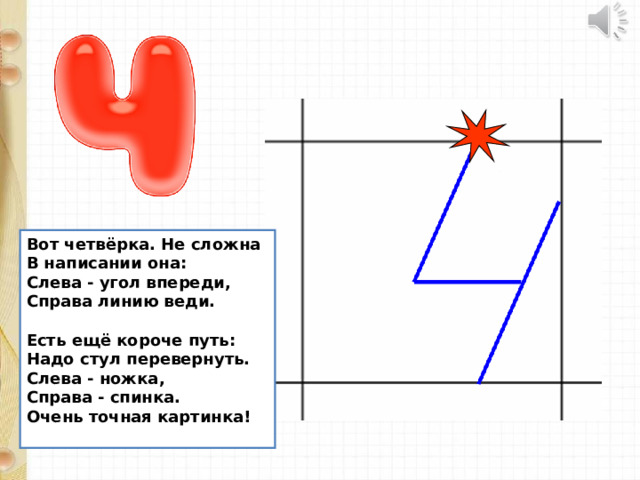 Вот четвёрка. Не сложна  В написании она:  Слева - угол впереди,  Справа линию веди.   Есть ещё короче путь:  Надо стул перевернуть.  Слева - ножка, Справа - спинка.  Очень точная картинка!   