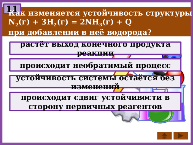 11 Как изменяется устойчивость структуры N 2 (г) + 3Н 2 (г) = 2NH 3 (г) + Q при добавлении в неё водорода? растёт выход конечного продукта реакции происходит необратимый процесс устойчивость системы остаётся без изменений происходит сдвиг устойчивости в сторону первичных реагентов 