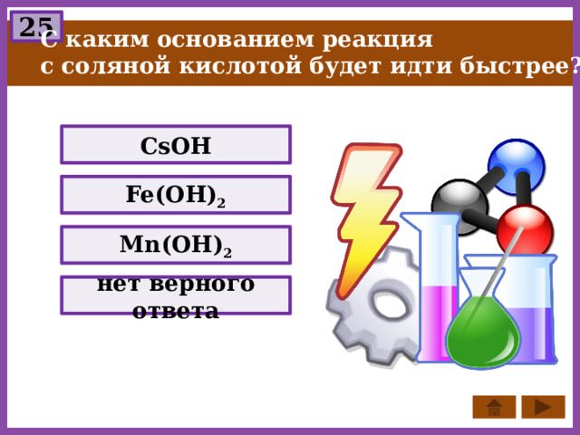 25 С каким основанием реакция с соляной кислотой будет идти быстрее? CsOH Fe(OH) 2 Mn(OH) 2 нет верного ответа 