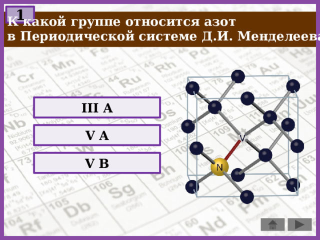 1 К какой группе относится азот в Периодической системе Д.И. Менделеева: III A V A V B  
