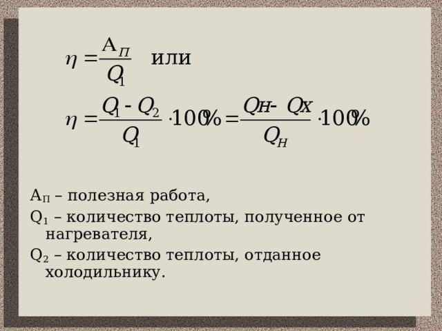 А П – полезная работа, Q 1 – количество теплоты, полученное от нагревателя, Q 2 – количество теплоты, отданное холодильнику. 