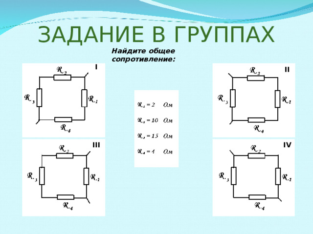 ЗАДАНИЕ В ГРУППАХ Найдите общее сопротивление: I II IV III 