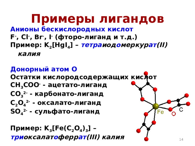 Примеры лигандов Анионы бескислородных кислот F - , Cl - , Br - , I - (фторо-лиганд и т.д.) Пример: K 2 [HgI 4 ] – тетра иод о меркур ат (II) калия  Донорный атом O Остатки кислородсодержащих кислот CH 3 COO - - ацетато-лиганд CO 3 2- - карбонато-лиганд C 2 O 4 2- - оксалато-лиганд SO 4 2- - сульфато-лиганд  Пример: K 3 [ Fe ( C 2 O 4 ) 3 ] – три оксалат о ферр ат ( III ) калия Не «железат» , «ртутат» и т.д. Элементы с исконно русскими названиями: медь, золото, серебро, углерод, кислород, азот, водород и т.д.   