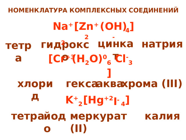 НОМЕНКЛАТУРА КОМПЛЕКСНЫХ СОЕДИНЕНИЙ Na + 2 4 ] (OH) - [Zn +2 цинкат натрия гидроксо тетра 6 ] Cl - 3 (H 2 O) 0 [Cr +3 хлорид аква гекса x рома (III) K + 2 [Hg +2 4 ] I - тетра йодо меркурат (II) калия 
