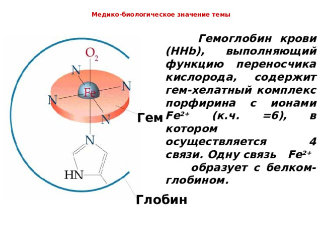  Медико-биологическое значение темы    Гемоглобин крови (HHb) , выполняющий функцию переносчика кислорода, содержит гем-хелатный комплекс порфирина с ионами Fe 2+ (к.ч. =6), в котором осуществляется 4 связи. Одну связь   Fe 2+ образует с белком-глобином. Гем Глобин 