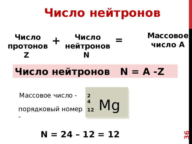 34 Число нейтронов Массовое число А Число нейтронов N Число протонов Z = + Число нейтронов N = A -Z Массовое число - Масса атома в а.е.м. или массовое число мы можем найти в ПС, оно определяется массой всех протонов и массой всех нейтронов ядра Т.о. получаем формулу для нахождения числа нейтронов конкретного атома Давайте найдем чило нейтронов для атома магния 24   Mg порядковый номер - 12 N = 24 – 12 = 12 34 
