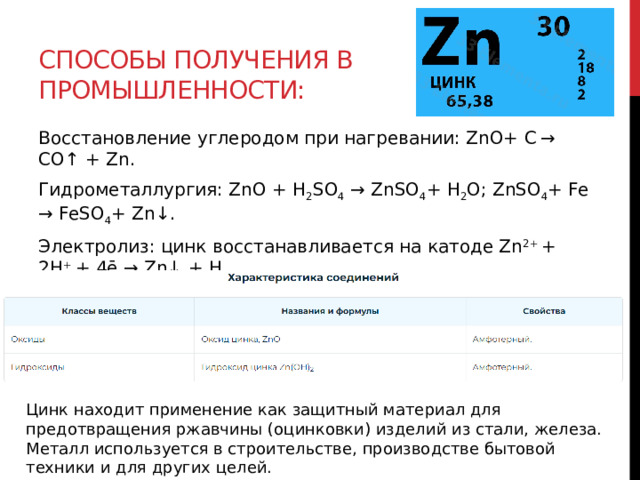 Способы получения в промышленности: Восстановление углеродом при нагревании: ZnO+ C   → CO↑ + Zn. Гидрометаллургия: ZnO + H 2 SO 4  → ZnSO 4 + H 2 O; ZnSO 4 + Fe → FeSO 4 + Zn↓. Электролиз: цинк восстанавливается на катоде Zn 2+  + 2H +  + 4ē → Zn↓ + H 2. Цинк находит применение как защитный материал для предотвращения ржавчины (оцинковки) изделий из стали, железа. Металл используется в строительстве, производстве бытовой техники и для других целей. 