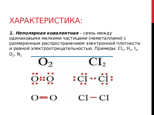Характеристика: 1. Неполярная ковалентная  – связь между одинаковыми мелкими частицами (неметаллами) с размеренным распространением электронной плотности и равной электроотрицательностью. Примеры: Cl 2 , H 2 , I 2 , O 2 , N 2  
