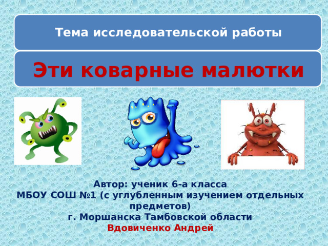 Тема исследовательской работы Эти коварные малютки  Автор: ученик 6-а класса  МБОУ СОШ №1 (с углубленным изучением отдельных предметов)  г. Моршанска Тамбовской области  Вдовиченко Андрей 