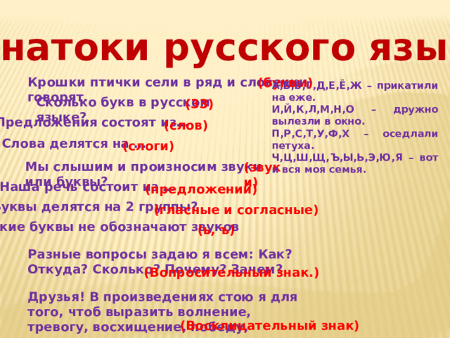  «Знатоки русского языка» Крошки птички сели в ряд и словечки говорят. (буквы) А,Б,В,Г,Д,Е,Ё,Ж – прикатили на еже. И,Й,К,Л,М,Н,О – дружно вылезли в окно. П,Р,С,Т,У,Ф,Х – оседлали петуха. Ч,Ц,Ш,Щ,Ъ,Ы,Ь,Э,Ю,Я – вот и вся моя семья. Сколько букв в русском языке? . (33) Предложения состоят из… (слов) Слова делятся на … (слоги) Мы слышим и произносим звуки или буквы? (звуки) Наша речь состоит из … (предложений) Буквы делятся на 2 группы? (гласные и согласные) Какие буквы не обозначают звуков (ь, ъ) Разные вопросы задаю я всем: Как? Откуда? Сколько? Почему? Зачем? (Вопросительный знак.) Друзья! В произведениях стою я для того, чтоб выразить волнение, тревогу, восхищение, победу, торжество. (Восклицательный знак)   