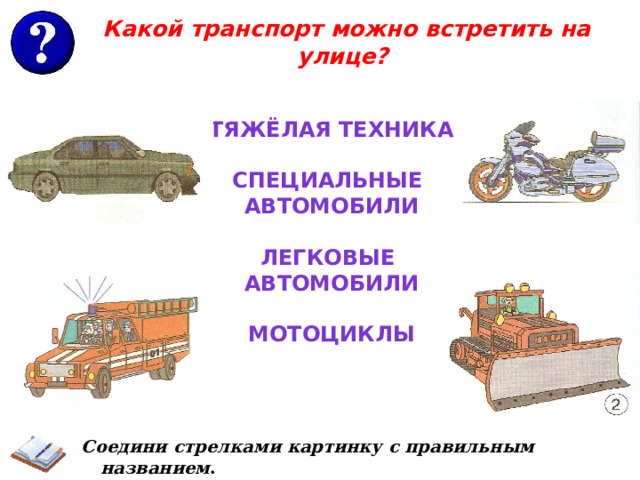 Какой транспорт можно встретить на улице? Тяжёлая техника  Специальные Автомобили  Легковые Автомобили  мотоциклы Соедини стрелками картинку с правильным названием . 