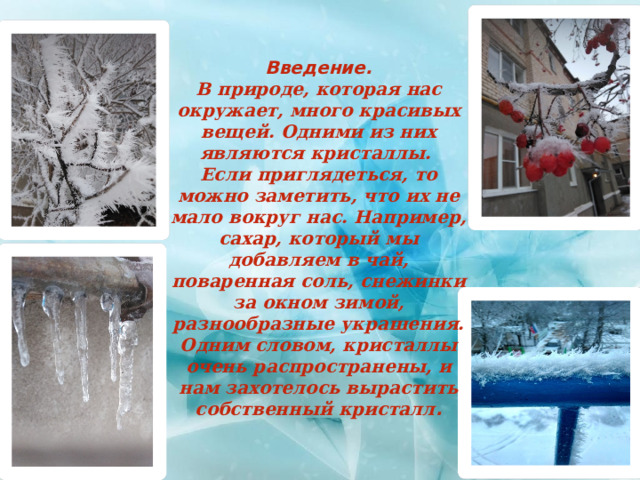 Введение. В природе, которая нас окружает, много красивых вещей. Одними из них являются кристаллы. Если приглядеться, то можно заметить, что их не мало вокруг нас. Например, сахар, который мы добавляем в чай, поваренная соль, снежинки за окном зимой, разнообразные украшения. Одним словом, кристаллы очень распространены, и нам захотелось вырастить собственный кристалл . 