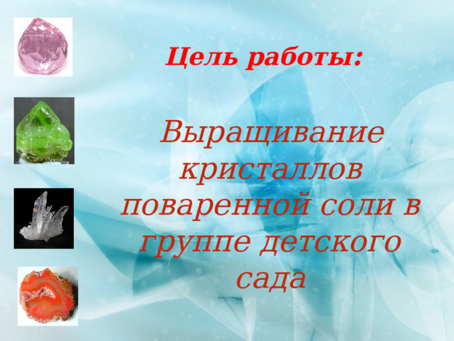 Цель работы :  Выращивание кристаллов поваренной соли в группе детского сада 