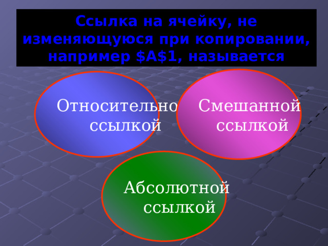 Ссылка на ячейку, не изменяющуюся при копировании, например $A$1, называется Смешанной  ссылкой Относительной  ссылкой Абсолютной  ссылкой 