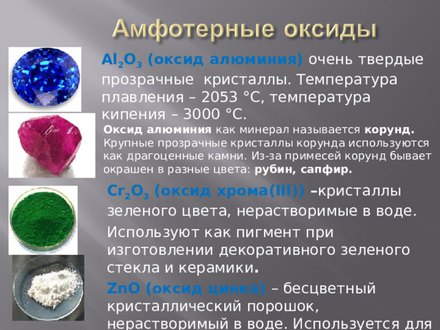 Al 2 O 3 (оксид алюминия) очень твердые прозрачные кристаллы. Температура плавления – 2053 °C, температура кипения – 3000 °C. Оксид алюминия как минерал называется корунд. Крупные прозрачные кристаллы корунда используются как драгоценные камни. Из-за примесей корунд бывает окрашен в разные цвета: рубин, сапфир. Cr 2 O 3 (оксид хрома(III)) – кристаллы зеленого цвета, нерастворимые в воде. Используют как пигмент при изготовлении декоративного зеленого стекла и керамики .  ZnO (оксид цинка) – бесцветный кристаллический порошок, нерастворимый в воде. И спользуется для приготовления белой масляной краски (цинковые белила) 