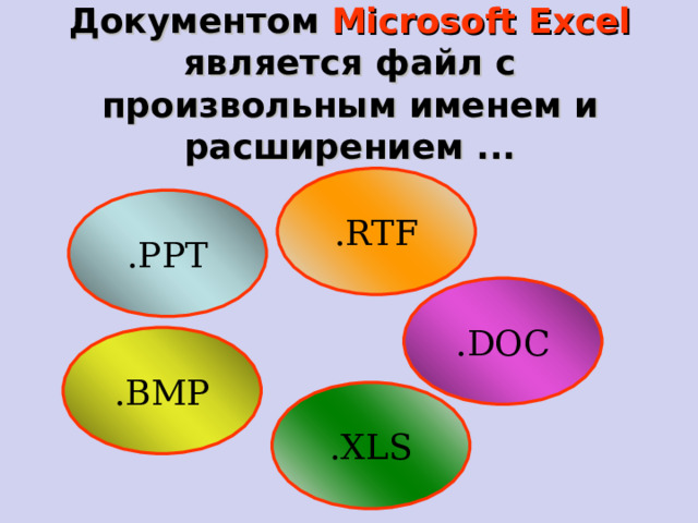 Документом Microsoft Excel является файл с произвольным именем и расширением  ... .RTF .PPT .DOC .BMP .XLS  