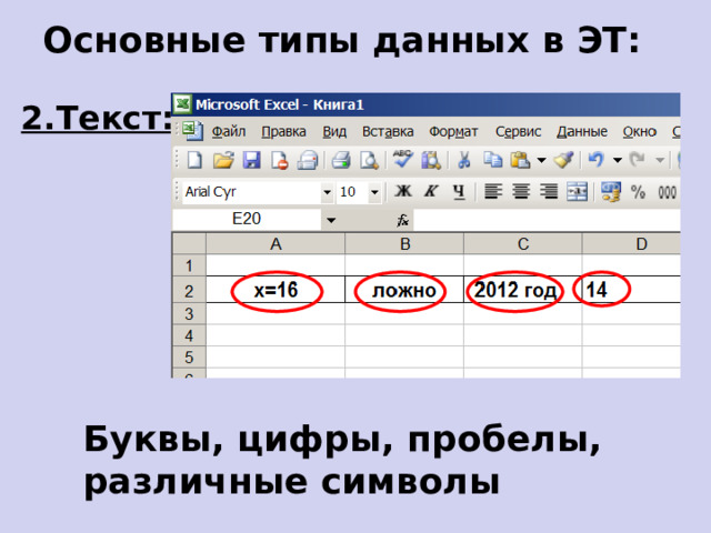 Основные типы данных в ЭТ: 2.Текст: Буквы, цифры, пробелы, различные символы  