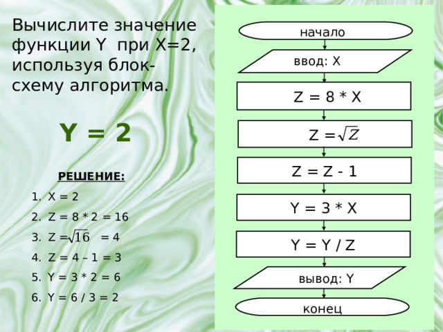 Вычислите значение функции Y при X=2 , используя блок-схему алгоритма. начало ввод: X  Z = 8 * X Y = 2 Z = Z = Z - 1 РЕШЕНИЕ: X = 2 Z = 8 * 2 = 16 Z = = 4 Z = 4 – 1 = 3 Y = 3 * 2 = 6 Y = 6 / 3 = 2 Y = 3 * X Y = Y / Z вывод: Y конец 