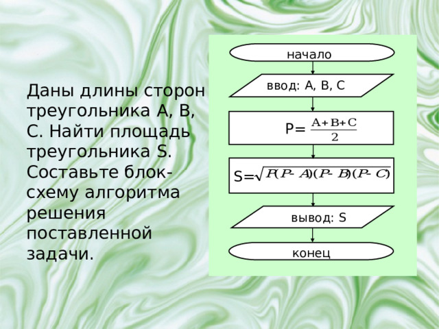 начало ввод: A, B, C Даны длины сторон треугольника A, B, C. Найти площадь треугольника S . Составьте блок-схему алгоритма решения поставленной задачи.  P= S= вывод: S конец 