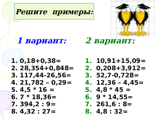 Решите примеры:  1 вариант: 2 вариант: 1. 0,18+0,38= 2. 28,354+0,848= 3. 117,44-26,56= 4. 21,782 – 0,29= 5. 4,5 * 16  = 6. 7 * 18,36=  7. 394,2 : 9= 8. 4,32 : 27= 1. 10,91+15,09= 2.  0,208+3,912=  3.  52,7-0,728= 4.  12,36 – 4,45= 5.  4,8 * 45  = 6.  9 * 14,55= 7.  261,6 : 8= 8.  4,8 : 32= 