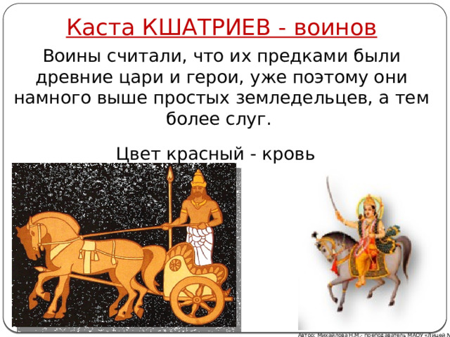 Каста КШАТРИЕВ - воинов Воины считали, что их предками были древние цари и герои, уже поэтому они намного выше простых земледельцев, а тем более слуг. Цвет красный - кровь Автор: Михайлова Н.М.- преподаватель МАОУ «Лицей № 21»  
