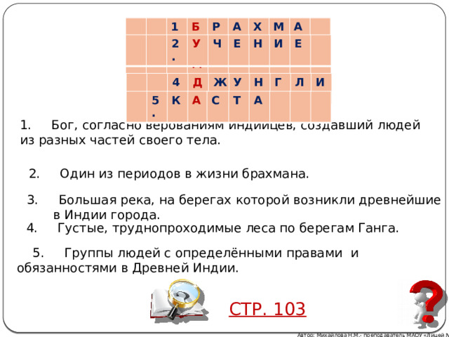 1. Б Р А Х М А 2. У Ч Е Н И Е 3. И Н Д 4. Д Ж У Н Г Л И 5. К А С Т А 1.     Бог, согласно верованиям индийцев, создавший людей из разных частей своего тела. 2.     Один из периодов в жизни брахмана.    3.     Большая река, на берегах которой возникли древнейшие в Индии города.   4.     Густые, труднопроходимые леса по берегам Ганга.   5.     Группы людей с определёнными правами и обязанностями в Древней Индии. СТР. 103 Автор: Михайлова Н.М.- преподаватель МАОУ «Лицей № 21» 