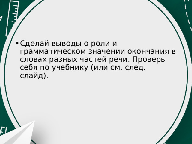 Сделай выводы о роли и грамматическом значении окончания в словах разных частей речи. Проверь себя по учебнику (или см. след. слайд). 