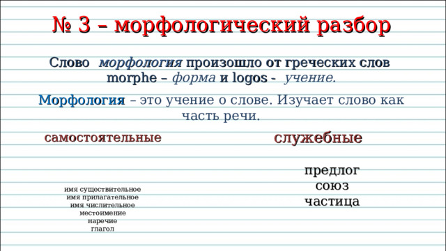 № 3 – морфологический разбор Слово  морфология произошло от греческих слов morphe – форма и logos - учение.  Морфология – это учение о слове. Изучает слово как часть речи. служебные самостоятельные предлог союз частица имя существительное имя прилагательное имя числительное местоимение наречие глагол 