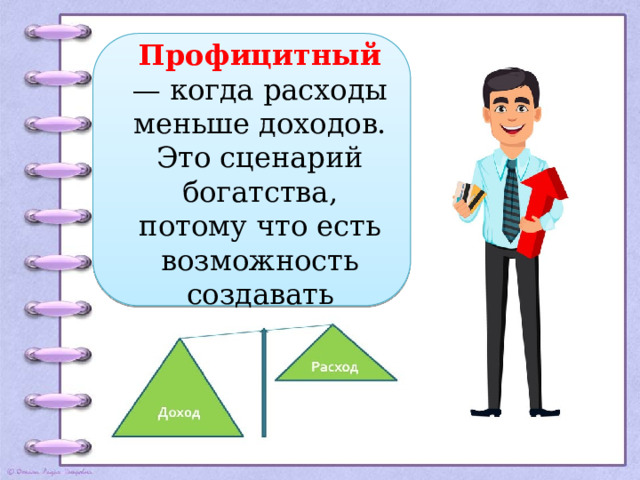 Профицитный — когда расходы меньше доходов. Это сценарий богатства, потому что есть возможность создавать накопления 