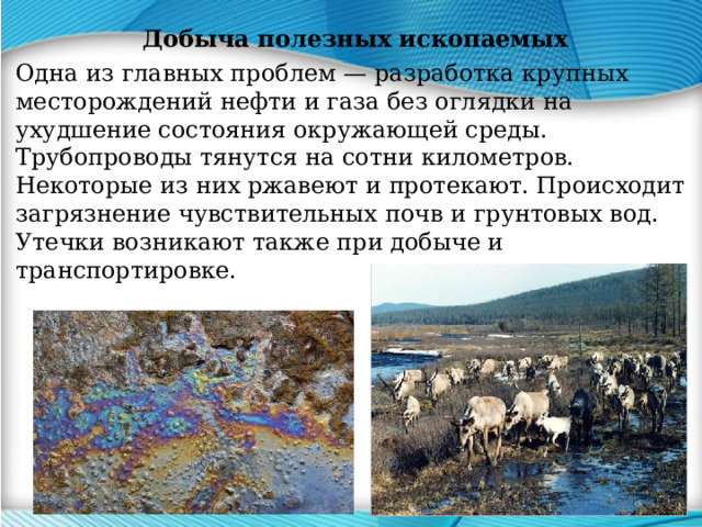 Добыча полезных ископаемых Одна из главных проблем — разработка крупных месторождений нефти и газа без оглядки на ухудшение состояния окружающей среды. Трубопроводы тянутся на сотни километров. Некоторые из них ржавеют и протекают. Происходит загрязнение чувствительных почв и грунтовых вод. Утечки возникают также при добыче и транспортировке. 