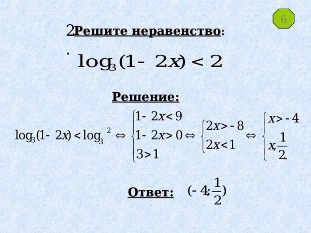 6 2. Решите неравенство : Решение: Ответ: 